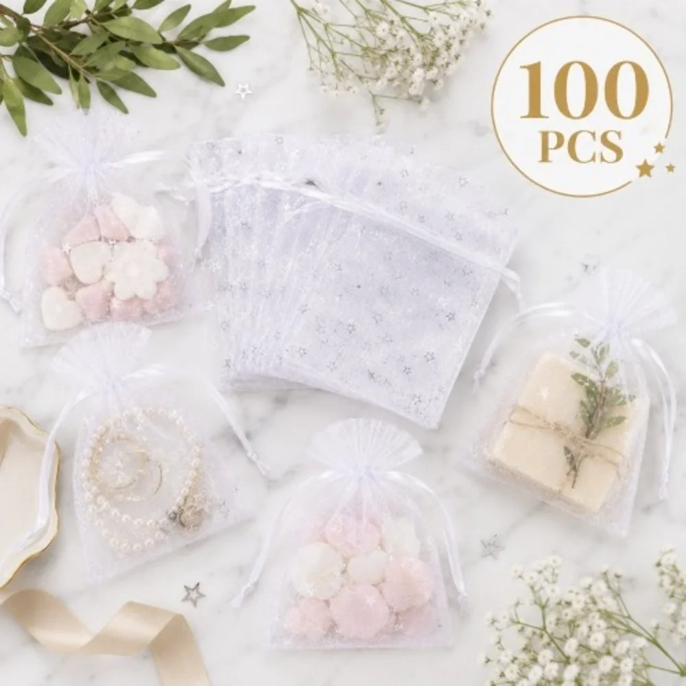 100 White Organza Star Drawstring Gift Bags 3.5